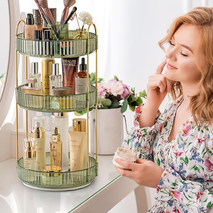 Aveniee 360 Rotating Makeup Organizer for Vanity, Perfume Storage with Brush Holder for Bathroom Countertop, 3 Tier Spinning Skincare Display Case for Lipstick Cosmetic Lotion,Green