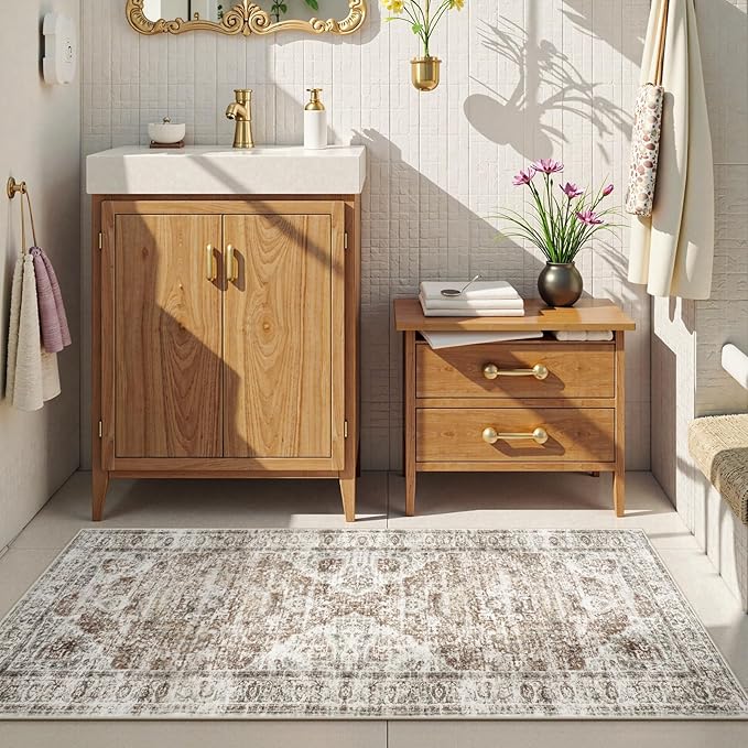 Uphome Bathroom Rugs Runner, Distressed Farmhouse Boho Khaki Bath Mat, Non Slip Washable Long Bath Rugs, Vintage Traditonal Soft Velvet Bathroom Runner for Bathtub Sink Shower, 20x60 inch