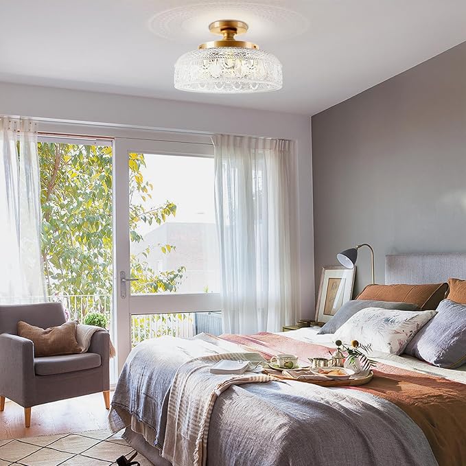 Lamomo Semi Flush Mount Ceiling Light, Upgraded Larger Golden Hallway Light Fixture, 3-Bulb Globe Glass Close to Ceiling Scone,Indoor Hanging Light for Bedroom Kitchen Porch Hallway,Bulbs Not Included