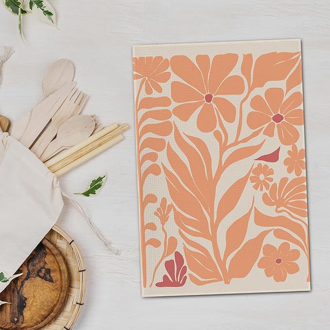 Boho Floral Dish Towels Vintage Abstract Flowers Waffle Weave Orange Flower