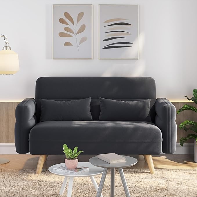 Yaheetech 46" Small Modern Fabric Loveseat Mid Century 2 Seater Sofa with Lumbar Pillows Solid Wood Legs, Dark Gray