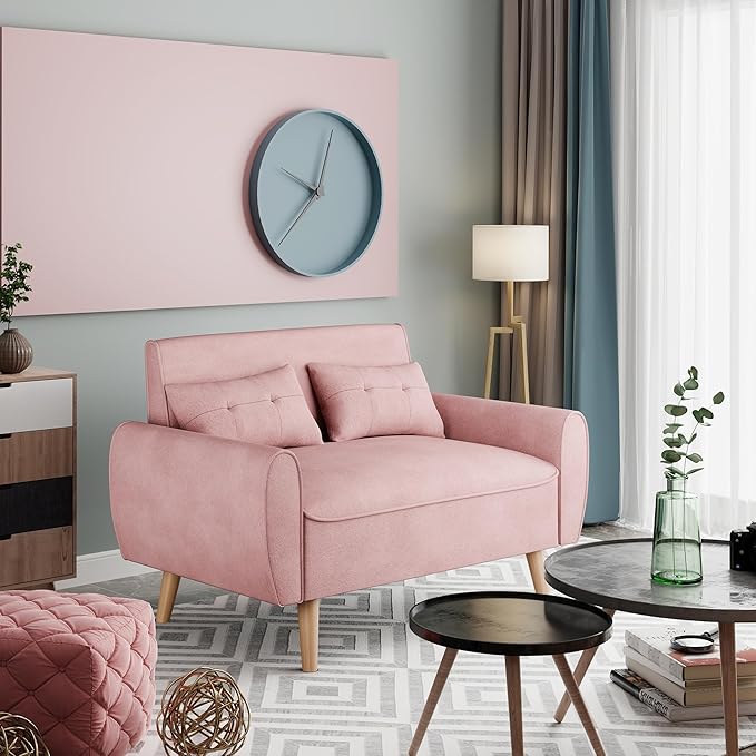 Vongrasig Small Modern Loveseat Sofa 47" Mid Century Linen 2 Seat Couch Tufted Love Seat, Pink