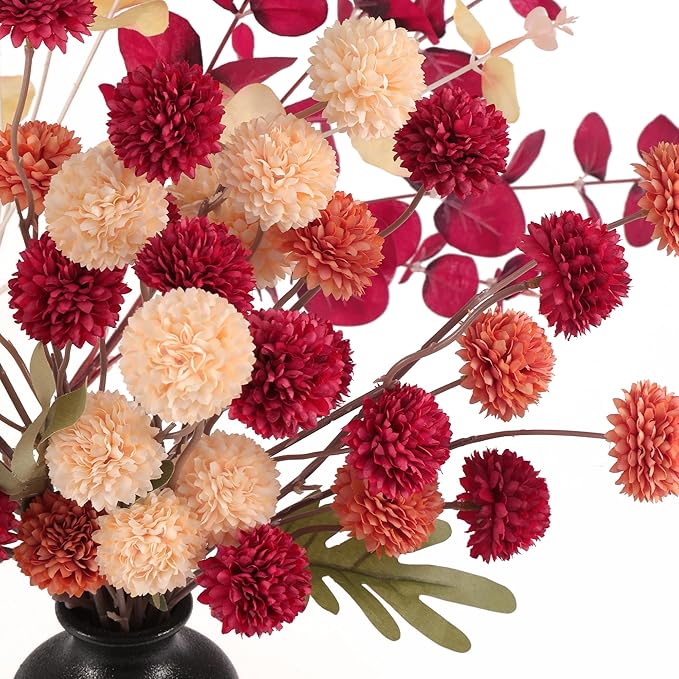 Fall Faux Kiku Flowers 10 Stems & 2 Eucalyptus,Fake Mums Flower Plants Artificial Chrysanthemums Mini Ball Floral for Table Centerpieces,Silk Fall Faux Mums Flower for Vase Wedding Arrangements Decor