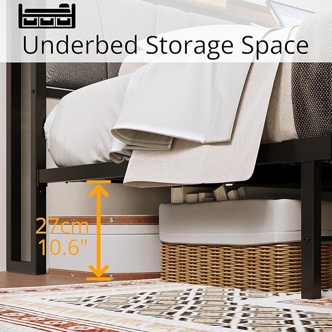 LIKIMIO Full Bed Frame, Storage Headboard with Charging Station, Solid and Stable, Noise Free, No Box Spring Needed, Easy Assembly