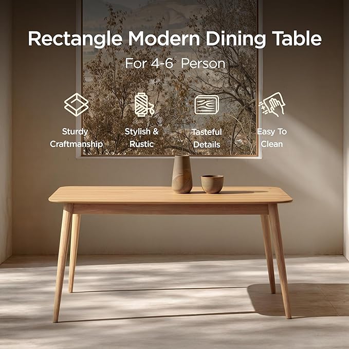 Acanva Modern Rectangular Dining Table for 6, Farmhouse Kitchen Dinner Tables with Tapered Wood Legs, Oak