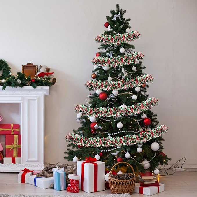 50 FT Christmas Tinsel Garland Christmas Decorations for Xmas Tree Decor Metallic Twist Shiny Hanging Garlands for Tree Mantel Stairs Fireplace Home Indoor Holiday Party Supplies (Red Green Silver)