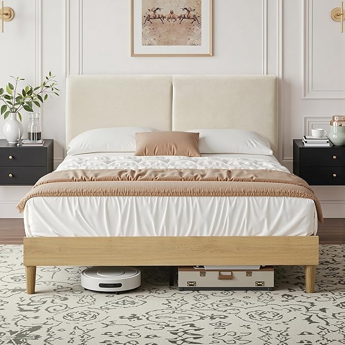 VECELO Full Bed Frame Upholstered Platform Beds with Height-Adjustable Cotton and Linen Headboard, Heavy Duty Wood Slats, 6" Under-Bed Space, Noise-Free, No Box Spring Needed,Easy Assembly