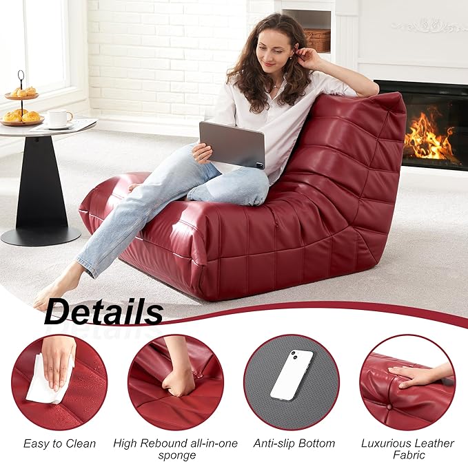 Hobestluk Giant Bean Bag Chair Lazy Floor Sofa, Fireside Sofa for Adults, Big Beanbag Faux Leather Armless Chair for Living Room Bedroom Dorm Office (WineRed, Single)
