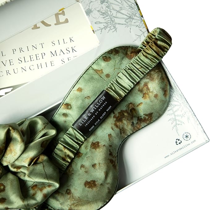 Silk & Willow 100% Pure Mulberry Silk Sleep Eye Mask & Hair Scrunchie Gift Set (Coreopsis Sage)