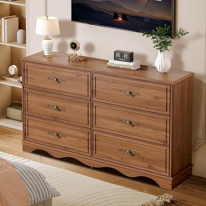 Mid Century Modern 6 Drawers Dresser for Bedroom 47" Wide Wood Rustic Chest of Drawers, Brownish