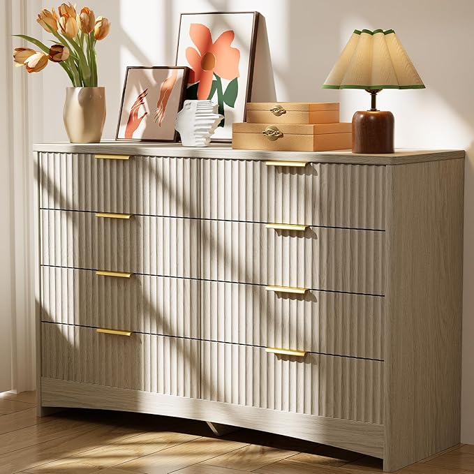 Pipishell Fluted 8 Drawers Dresser for Bedroom, 47" Wooden Drawers with Metal Handle, Dressers with Round Edge Design, Closet Clothes Storage Organizer for Bedroom, Hallway, Grey