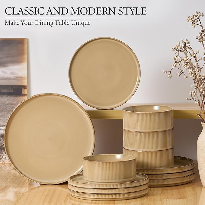 E-far 12-Piece Plates and Bowls Sets, Stoneware Dinnerware Dishes Sets for 4, Kitchen Modern Dining Dishware, Chip & Scratch Resistant, Microwave & Dishwasher Safe, Caramel Khaki
