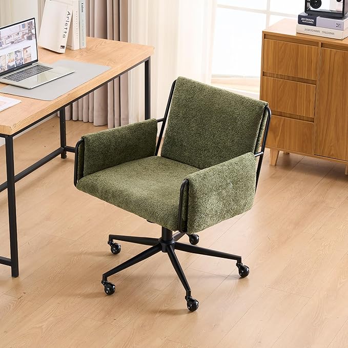 Rowill Modern Office Chair, Swivel Desk Chair, Green Boucle Fabric, Adjustable Height, 300 LBS Capacity, Wheels, Arm Rest, Perfect for Home Office, Bedroom, Makeup Room
