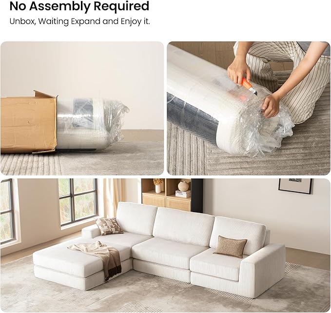120.47‘’ Boneless Couch Cloud Modular Sectional Couches for Living Room, Oversize L-Shape Sofa with Deep Seat, Plush Corduroy 3-Seater with Ottoman, No Assembly Required