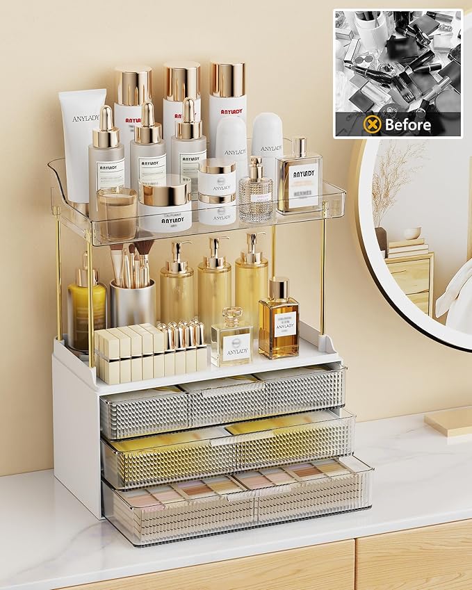 Bathroom Organizers and Storage, Makeup Organizer (Sturdy Durable Attractive), Ideal for Vanity, Countertop, Counter, Perfume, Skincare, Cabinet, Cosmetic, Dresser Organizer (White)