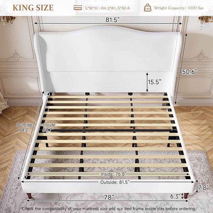 King Size Bed Frame with 51" Tall Headboard, High Upholstered Platform soft Fabric, Classic Curved Wingback & Wood Retro Legs, No Box Spring Needed/Easy Assembly, White