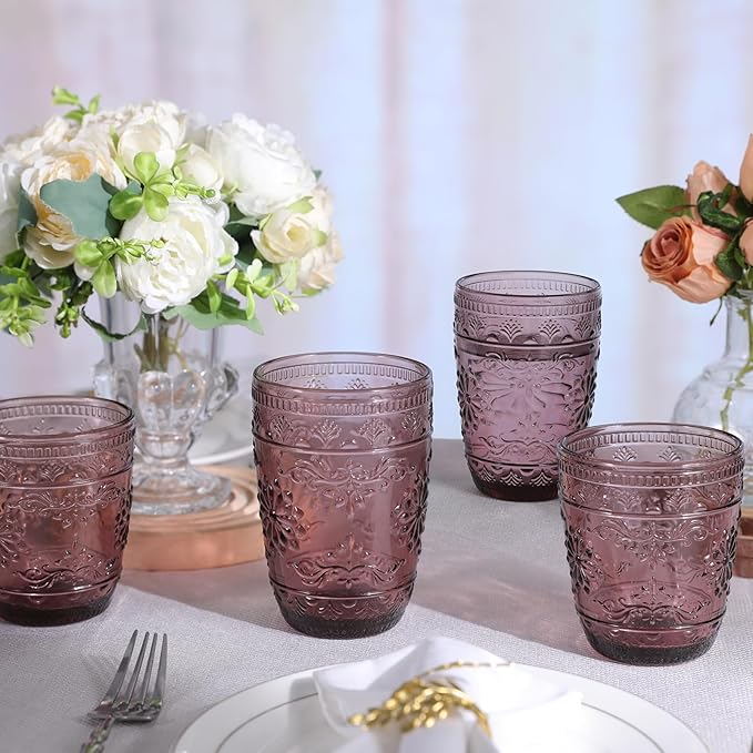 Purple Glassware set of 6, 10OZ Drinking Glasses, Purple Heavy Duty Glass Cups, Colored Glassware Set, Embossed Glasses Set for Party Wedding Home Office Gift