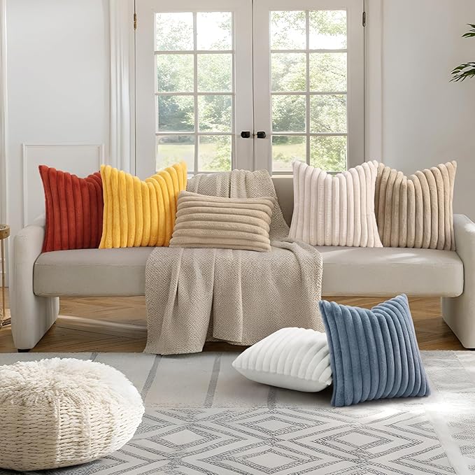 decorUhome Faux Fur Christmas Throw Pillow Covers 22x22 Set of 2, Decorative Soft Plush Striped Neutral Euro Pillow Covers with Velvet Back for Bed, Living Room Home Decor, Cream White