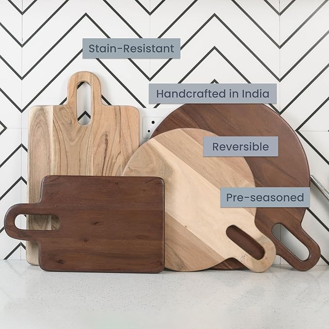 The Fine Living Co. Walnut Round Serveware Board with Handle, Charcuterie Boards, Acacia Wood 0.6" Thick Board, Bread Board for Serving Meat, Cheese, Pizza Peel, Food-grade, 15" × 12"