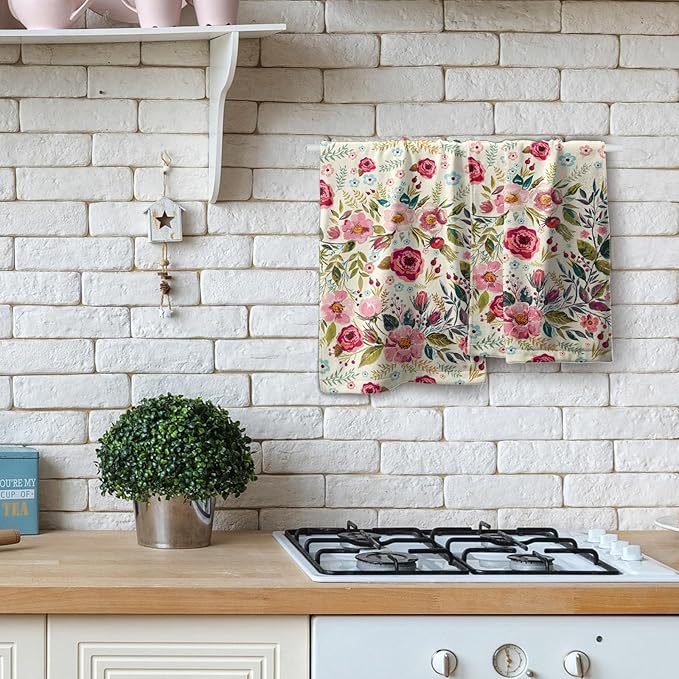 Pink Flower Hand Towels Peony Guest Dish Towels Absorbent Set for Kitchen Home Hot Pink Green Leaves 28.3x14.4