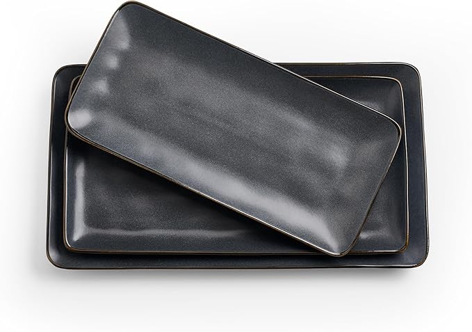 famiware Serving Platter, Rectangular 15.67/14.1/12.6inch Serving Dishes for Entertaining, Dishwasher Safe, Stoneware for Party, Food, Turkey, Snack, Cheese, Reactive Glaze, Matte Black