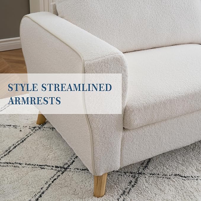 GarveeHome 84" Sofa Couch, Large Loveseat Sofa with Wide Armrests, Deep Seats & Wood Feet, 3 Seater Modern Boucle Sofa, Comfy Couches for Living Room Bathroom Small Spaces, White