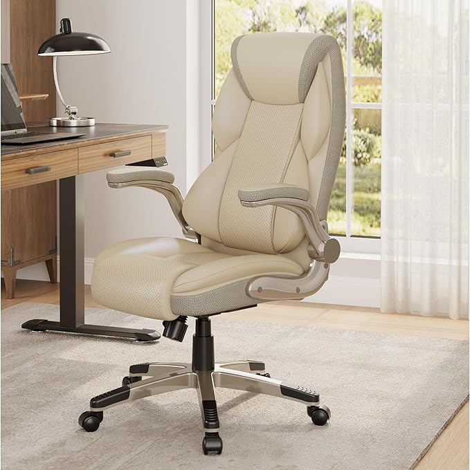 EUREKA ERGONOMIC Galene Executive Office Chair Flip Up Arm Rest, Ergonomic Desk Chair Faux Leather Computer Chair, High Back Office Chair with Headrest, Home Desk Chairs with Wheels, Beige