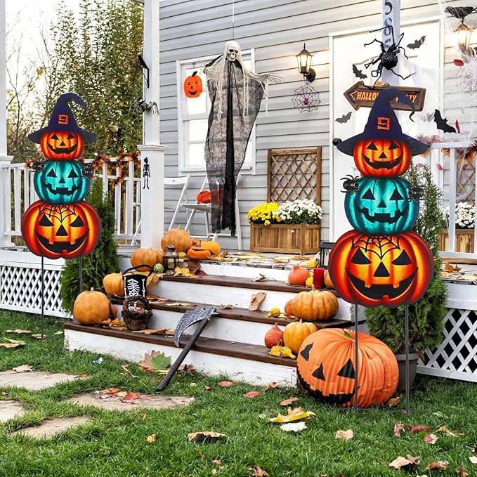 Halloween Yard Stakes Large 39.3" with Stackable Pumpkins and Scary Spiders, Metal Halloween Yard Decorations for Garden, Lawn, Patio, Outdoor Decor with Witch Hat
