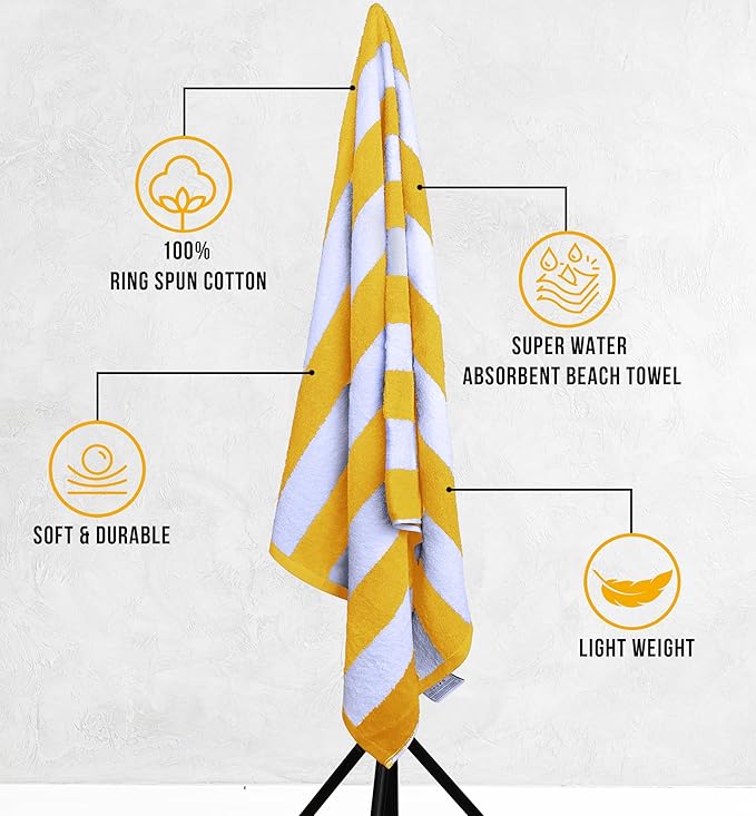 Utopia Towels 4 Pack Cabana Stripe Beach Towel Oversized 100% Ring Spun Cotton Beth Towels Highly Absorbent Quick, Yellow
