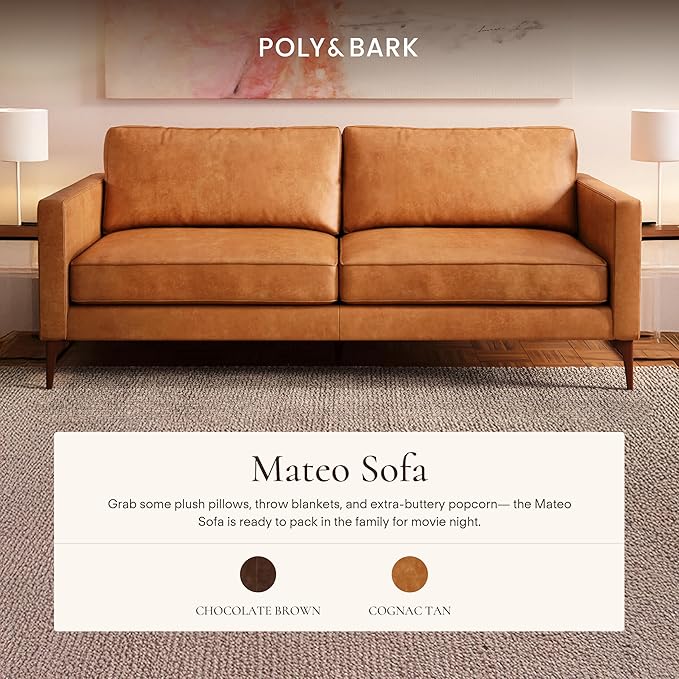 POLY & BARK Mateo Leather Sofa 82" in Full-Grain Pure-Aniline Italian Tanned Leather in Cognac Tan