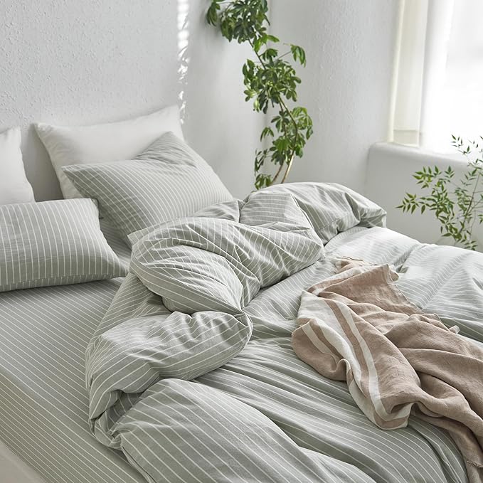 MooMee Striped Duvet Cover Set 100% Washed Cotton Linen Like Textured Breathable Durable Soft Comfy (Sage Green White Wide Stripes, Palatial King/Oversized King 120"x98")