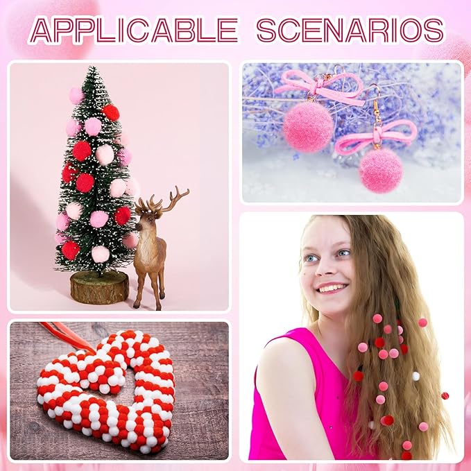 SEPGLITTER Valentine's Day Pom Poms Balls, 1000 Pieces Pink Red Pompoms for Crafts Making DIY Wedding Valentine's Day Party Decorations (4 Colors, 1 cm )