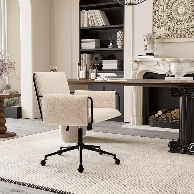 Rowill Modern Office Chair, Beige Boucle Fabric, Adjustable Height, 300 LBS Capacity, Wheels, Arm Rest, Perfect for Home Office, Bedroom, Makeup Room