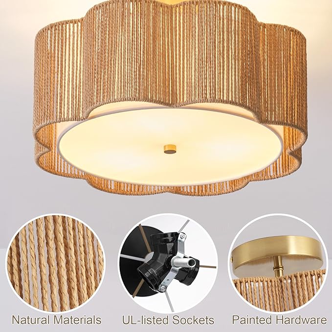 17.7" Rattan Flush Mount Ceiling Light, 3-Light Boho Close to Ceiling Light Fixtures, Rattan Bedroom Ceiling Light, Farmhouse Large Drum Chandelier for Dining Room, Kitchen, Hallway(Yellow)