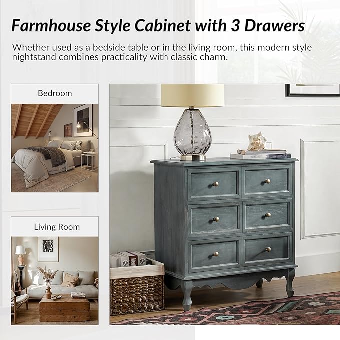 HULALA HOME 3 Drawer Nightstand with Charging Station Drawer Organizer with Wood Legs Farmhouse Solid Wood, Blue