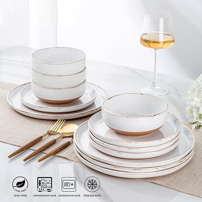 AmorArc 18 Pieces Ceramic Dinnerware Sets for 6, Handpainted Stoneware Plates and Bowls Set with Rustic Terracotta Underside, Scratch Resistant Dishes Set, Dishwasher & Microwave Safe, White