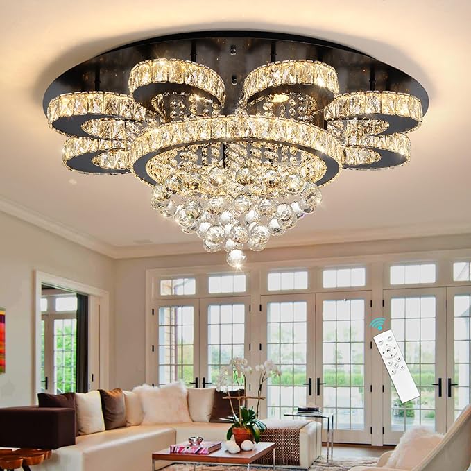 Modern Chandelier Living Room Glam Chandeliers Ceiling Light Fixture Remote Dimmable Lights 32 Inches Luxury Crystal Black Light