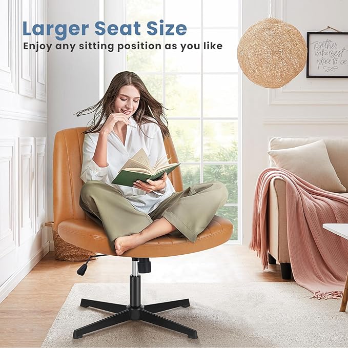 DUMOS Desk Chair No Wheels, Criss Cross Chair Wide Cross Legged Desk Vanity Chair, PU Leather Armless Adjustable Swivel Chairs for Home Computer Task Brwon