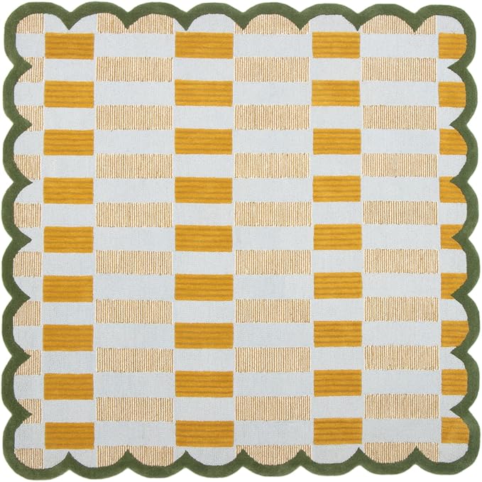 Hand-Tufted Wool Rug with Scalloped Edges, Light Blue Plaid Pattern, Cozy Soft Area Rug for Living Room, Bedroom, and Nursery, Handmade Modern Accent Rug, 8x8 Ft (Square)