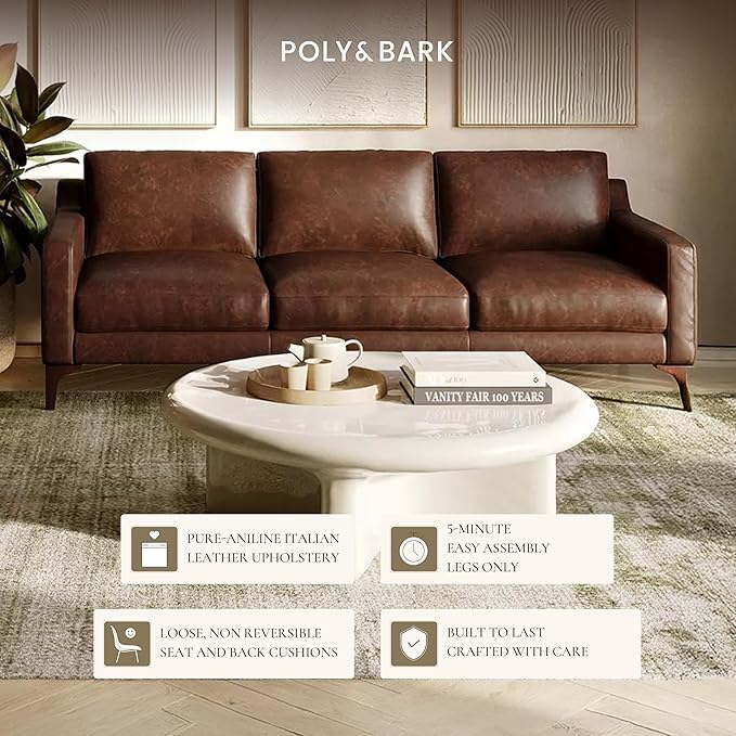 POLY & BARK Mateo Leather Sofa 82" in Full-Grain Pure-Aniline Italian Tanned Leather in Chocolate Brown