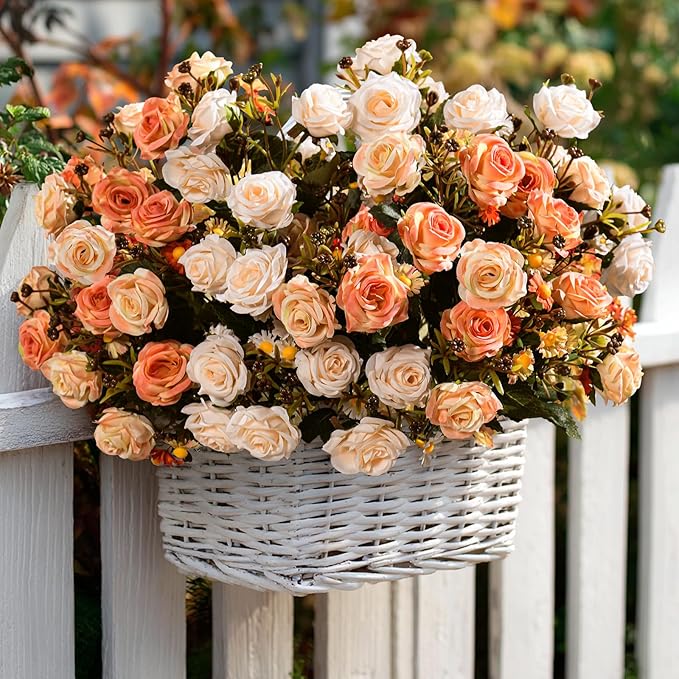 Artificial Flowers for Outdoor 4 Bundles Rose Bouquet with Daisy Faux Flowers UV Resistant for Home Indoor Outside Garden Porch Window Box Balcony Yard Porch Decor (White+Orange)