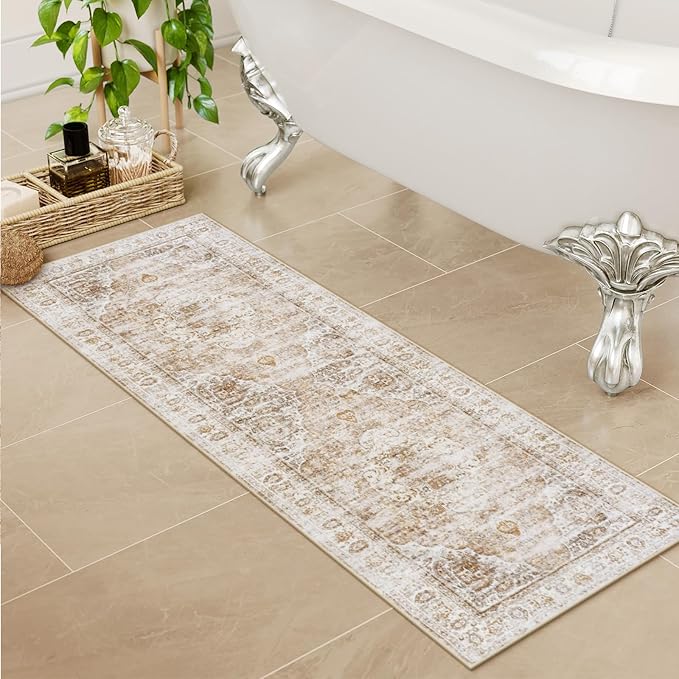 Uphome Bathroom Rugs Runner, Distressed Farmhouse Boho Light Khaki Bath Mat, Non Slip Washable Long Bath Rugs, Vintage Traditonal Soft Velvet Bathroom Runner for Bathtub Sink Shower, 18x47 inch