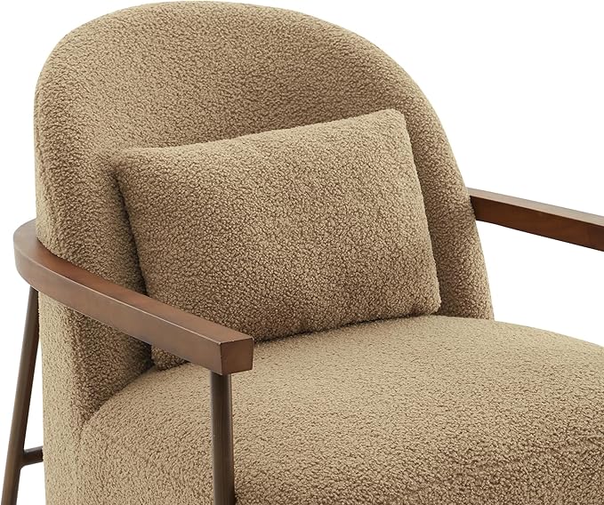 CHITA Accent Chair for Living Room, FSC Certified Modern Upholstered Faux Sherpa Fabric Armchair with Metal Frame and Wooden Armrests, Camel