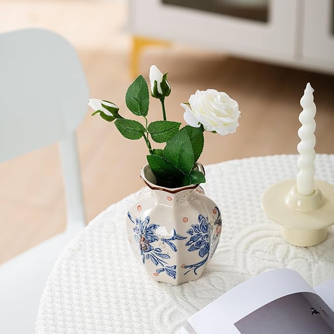 Blue and White Vase, Vintage Blue Ceramic Flower Vessel,Ceramic vases for Home Decor,Vintage Green and Beige for Console Table Mantle Chinoiserie Decor (Blue and White-02, Small)