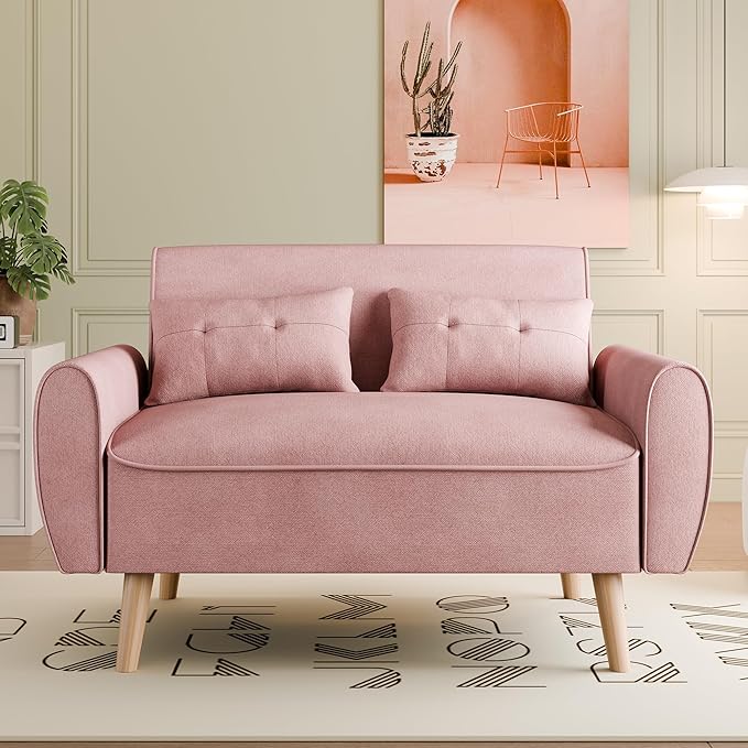 Vongrasig Small Modern Loveseat Sofa 47" Mid Century Linen 2 Seat Couch Tufted Love Seat, Pink