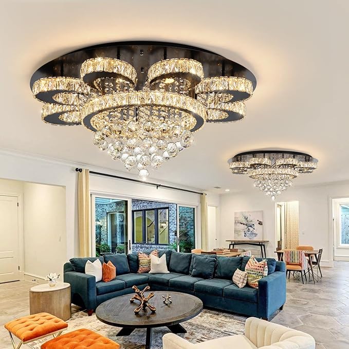 Modern Chandelier Living Room Glam Chandeliers Ceiling Light Fixture Remote Dimmable Lights 32 Inches Luxury Crystal Black Light