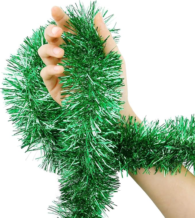 WILLBOND 50 ft Christmas Tinsel Garland Metallic Tinsel Twist Garland Christmas Tree Decorations New Year Wedding Birthday Hanging Decorations Party Supplies, 3 Inch(Green)