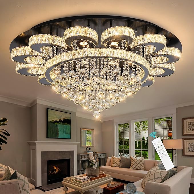 Modern Chandelier Living Room Light Glam Chandeliers Ceiling Light Fixture Remote Dimmable Lights 40 Inches Luxury Crystal Black Dining Room Lights