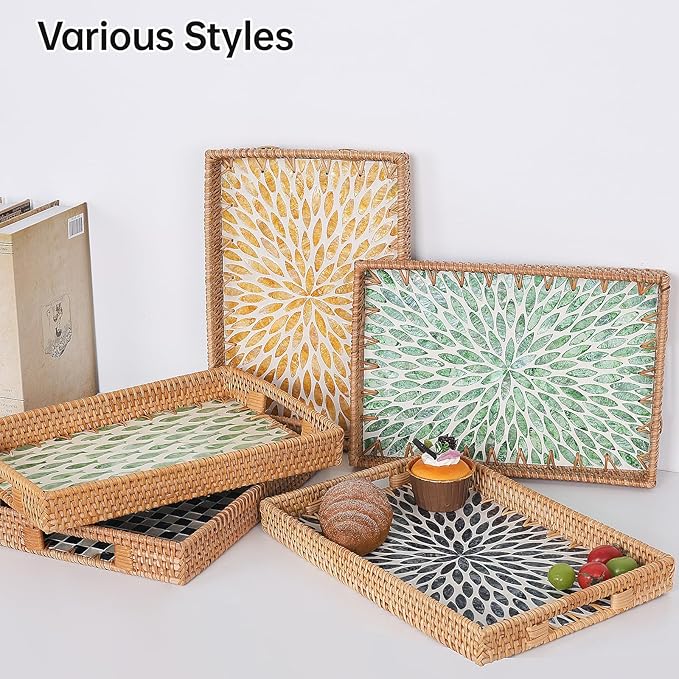 Rectangle Rattan Tray with Mother of Pearl Inlay, Rattan Serving Tray with Handle for Coffee, Bread, Fruits, Snacks, Decorative Wicker Tray for Table Decor (Rectangle Dark Blue Leaf, 13"×9")
