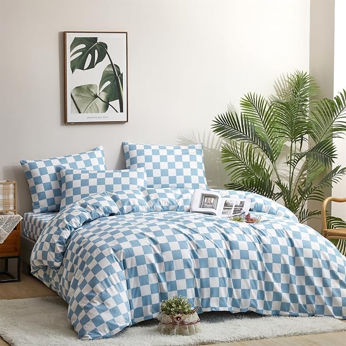 CLOTHKNOW Blue White Plaid Queen Comforter Set Grid Bedding Comforter Sets All Season Light Blue Comforter Checker Queen Size Comforter Sets